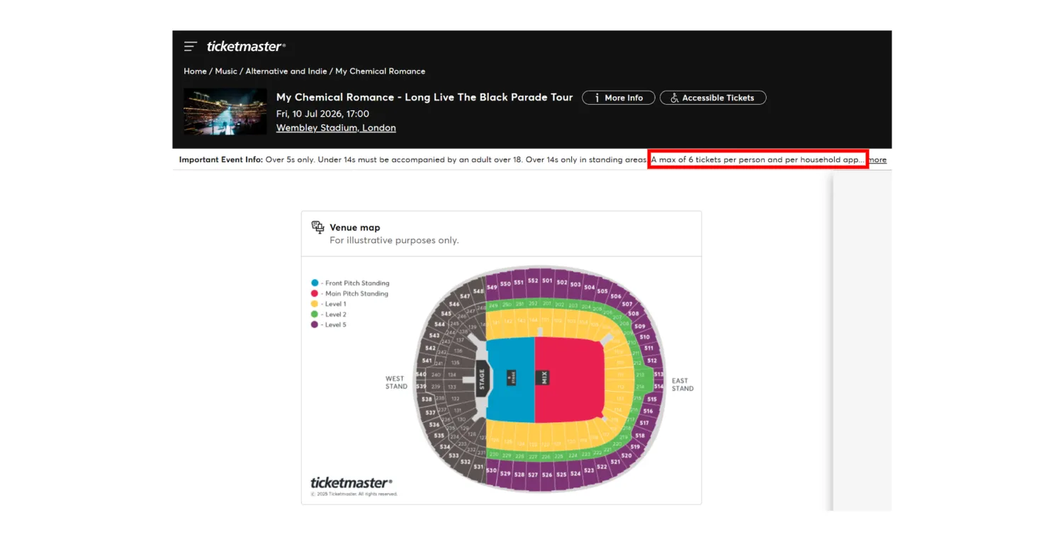 Ticketmaster’s policy screenshot