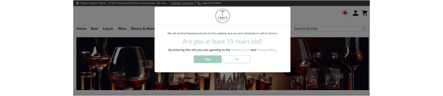 Age gating pop-up at an online liquor store
