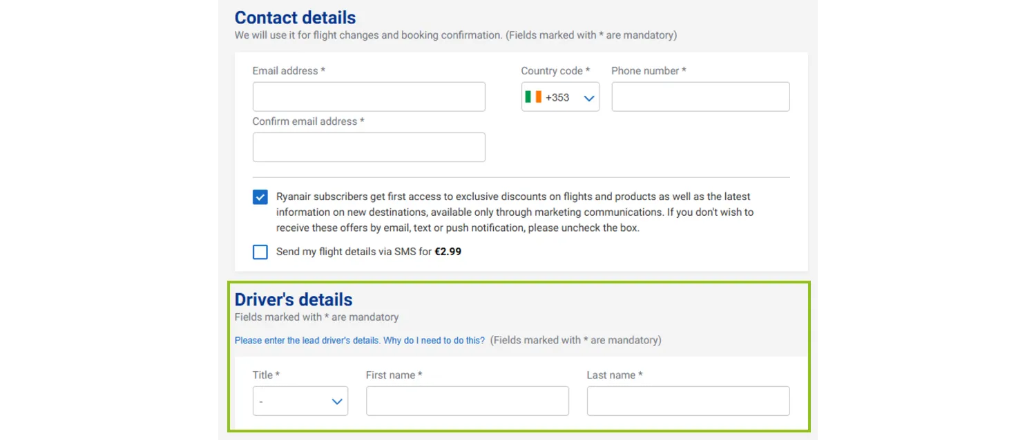 Ryanair’s registration form