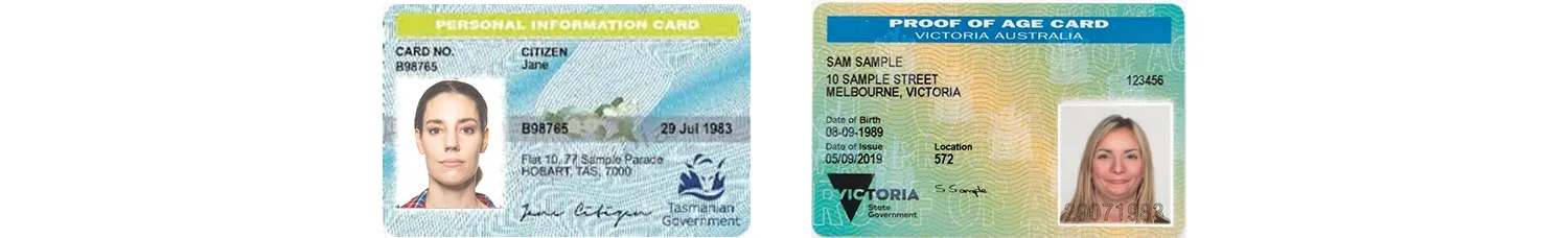 Australian photo ID cards from Tasmania and Victoria