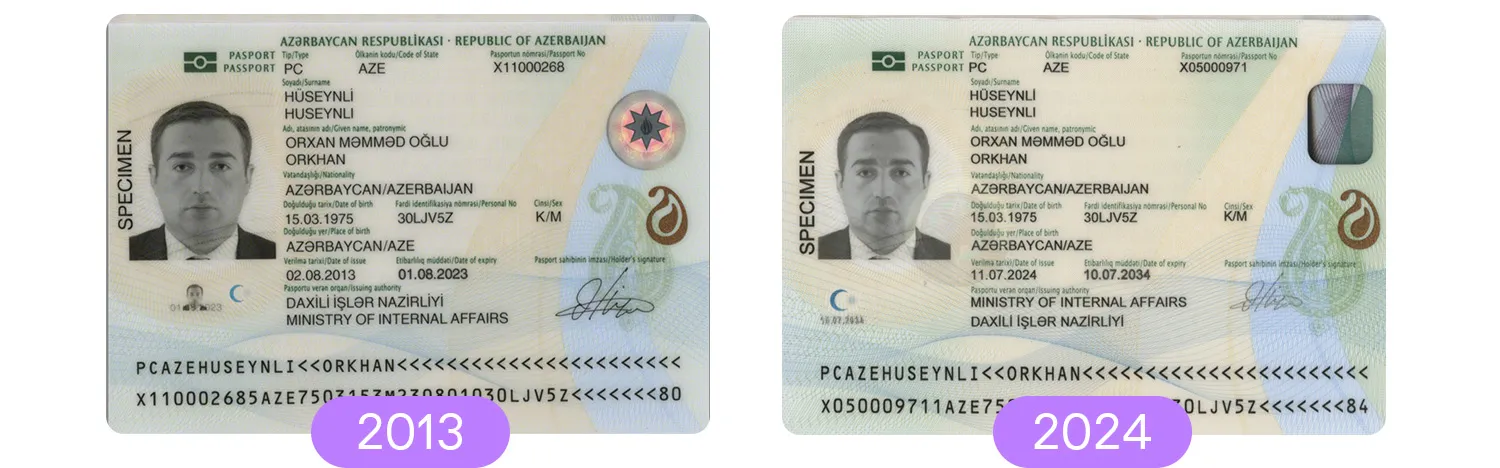 Azerbaijani passports from 2013 and 2024