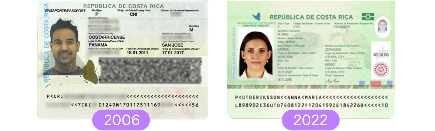 Costa Rican passports from 2006 and 2022