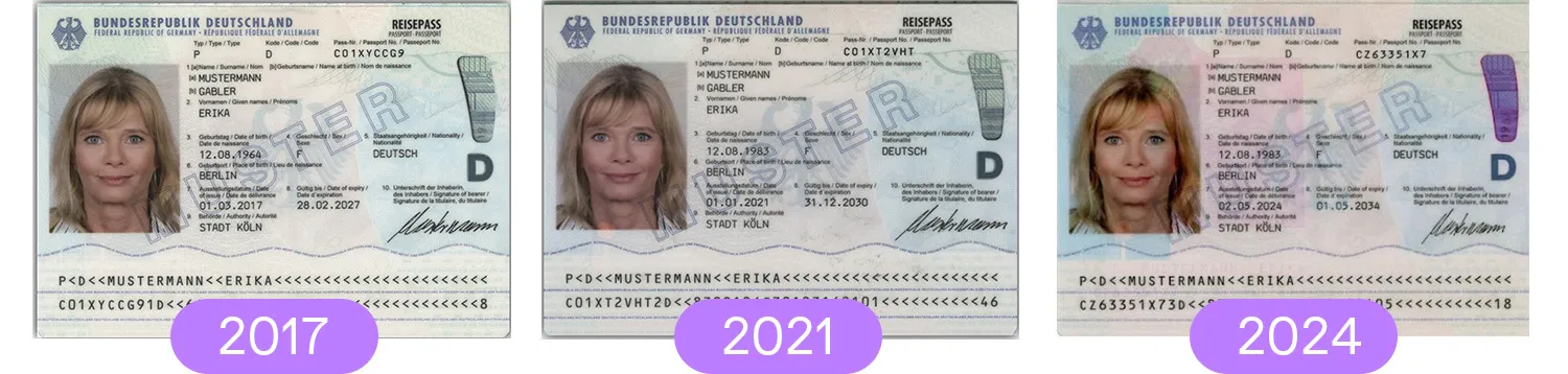 Types of German passports from 2017, 2021, and 2024