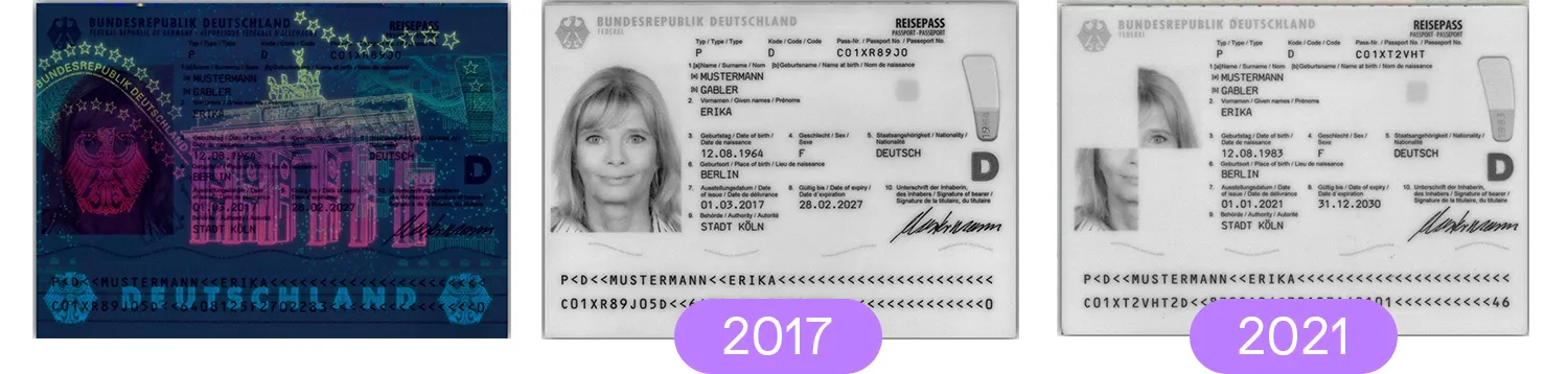 Types of German passports from 2017 and 2021 in UV and IR