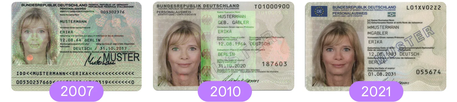 German ID cards from 2007, 2010, and 2021
