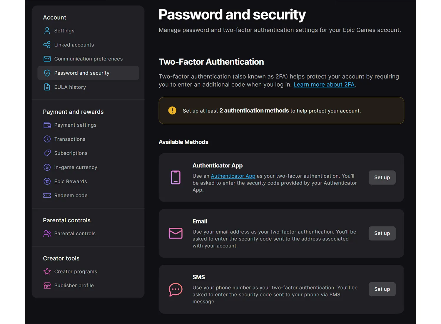 Two-factor authentication in Epic games