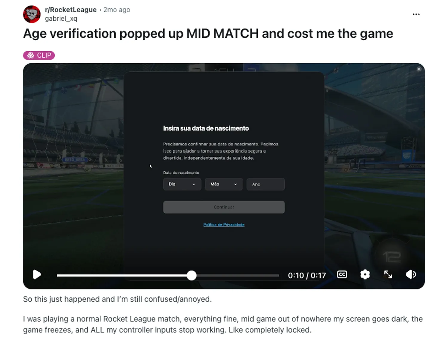 a gamer lost the game because of a random verification screen