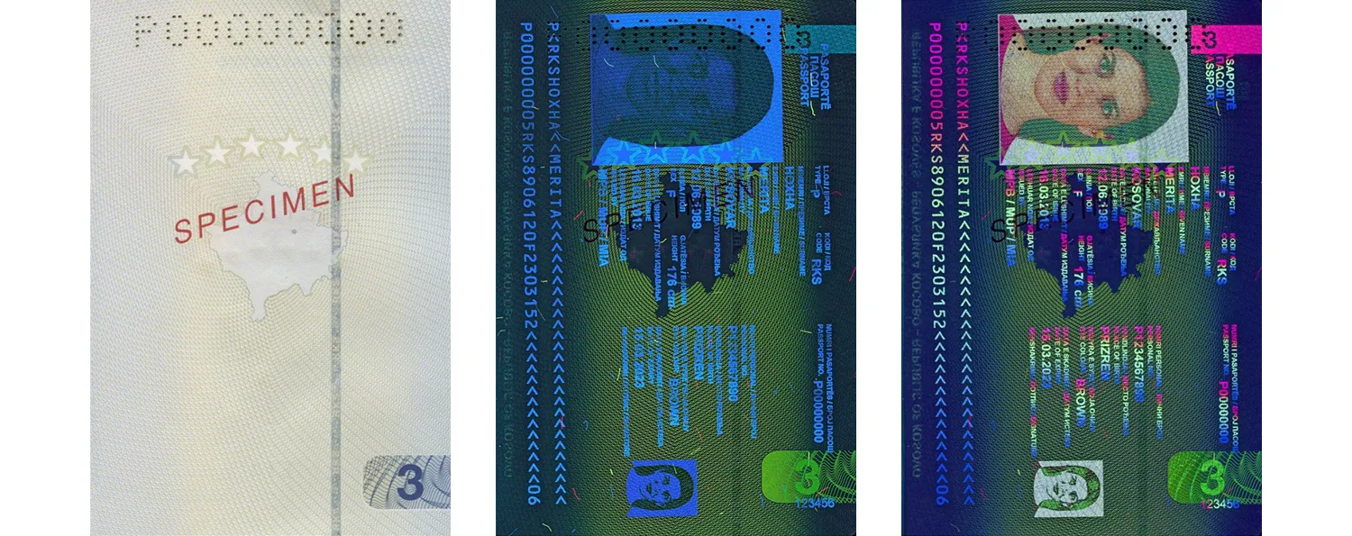 Kosovo passport under white and UV light