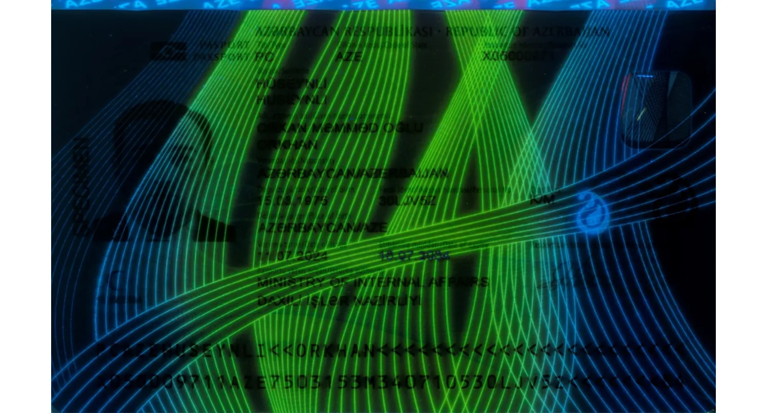 the Azerbaijani passport under UV light