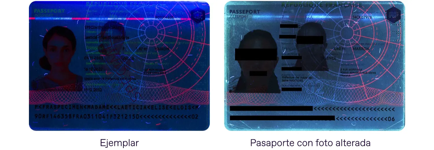 Pasaporte genuino y falso bajo luz UV