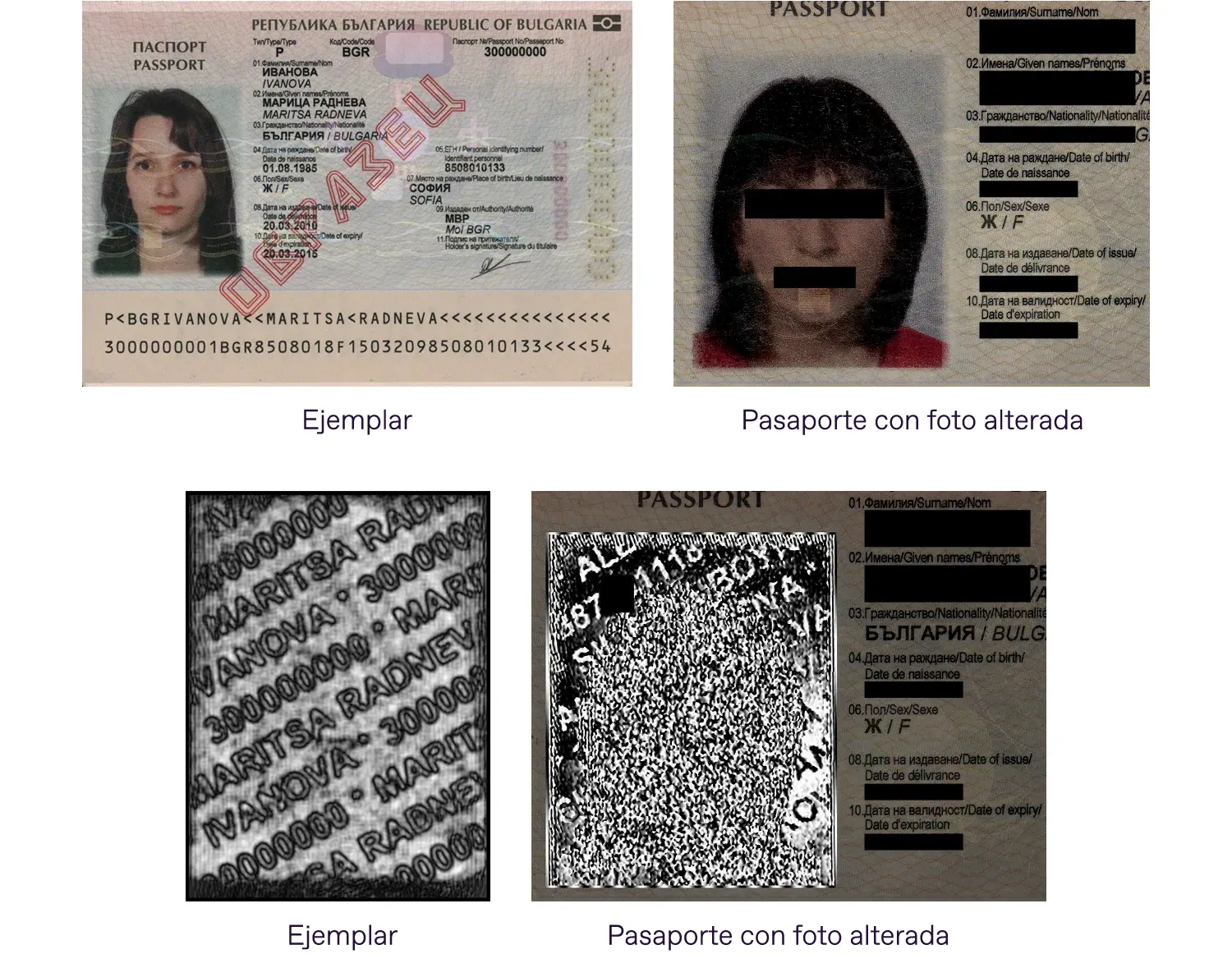 Comparación de pasaporte búlgaro genuino y pasaporte con foto alterada