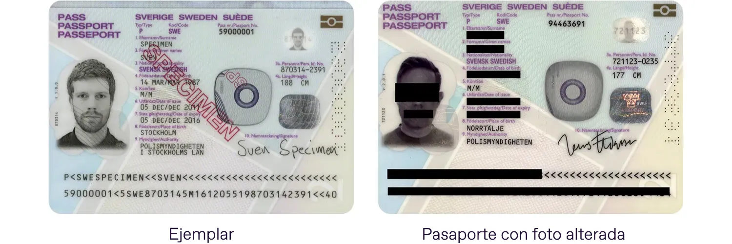 Pasaporte sueco genuino y falso