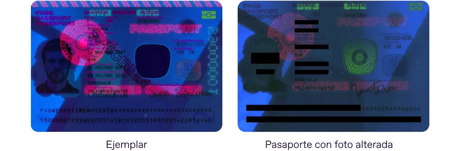 Patrón UV en el ejemplar y en el pasaporte con foto alterada