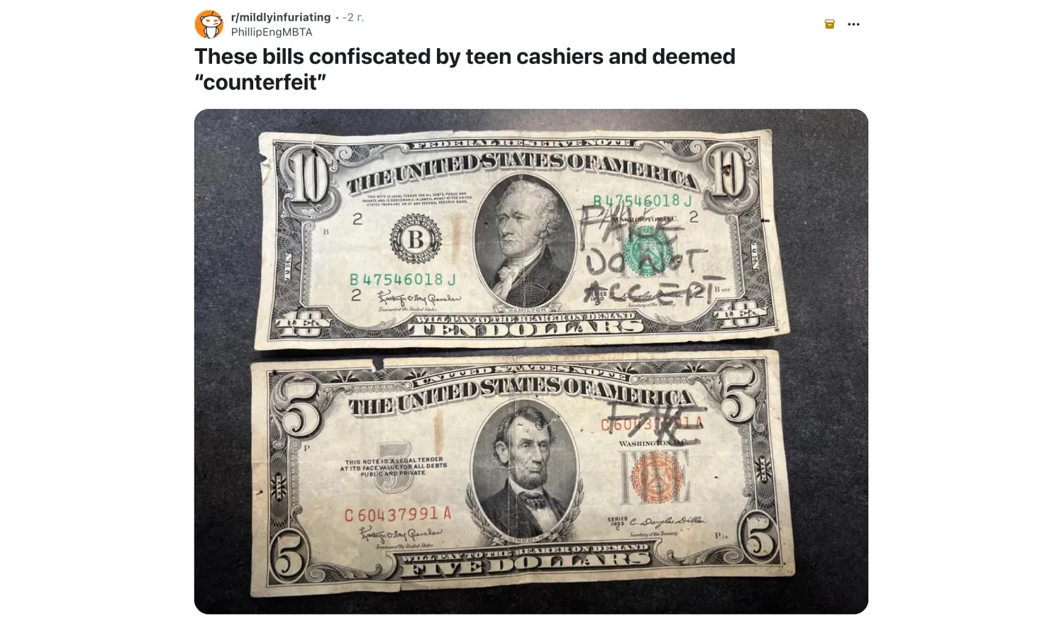 the photo of confiscated bills from a reddit post