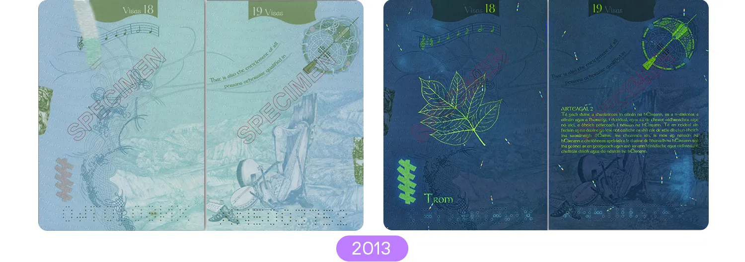 2013 ireland passport visa page under uv