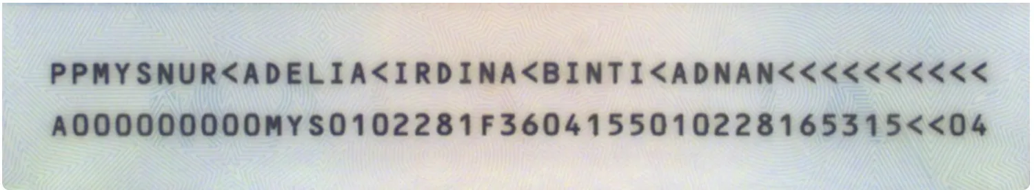 Malaysian passport MRZ showing the holder’s full name without a surname–given name separator