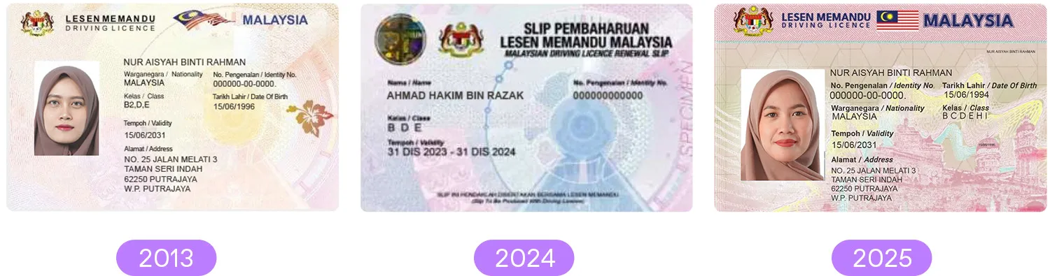 Malaysian driver’s licenses 2013, 2024, and 2025 series