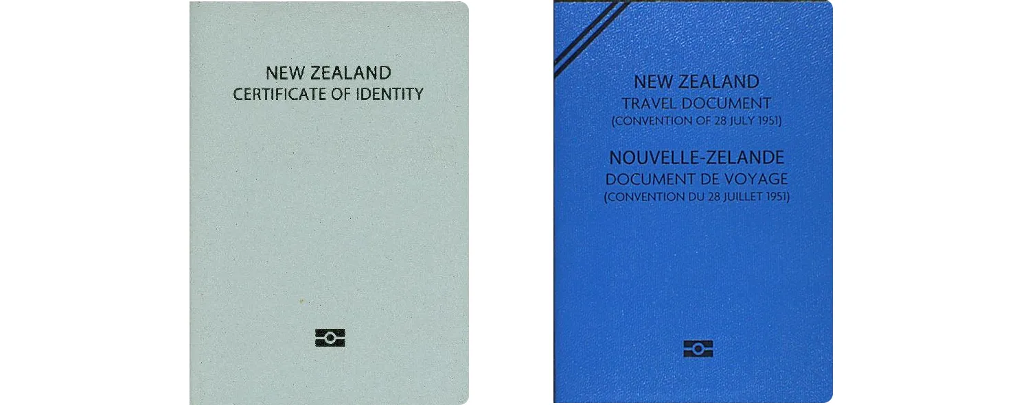 Covers of the New Zealand certificate of identity and refugee travel document