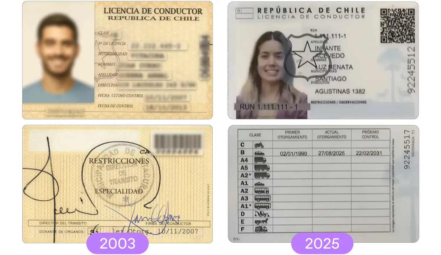 Chilean driver’s license issued in 2003 and new 2025 series