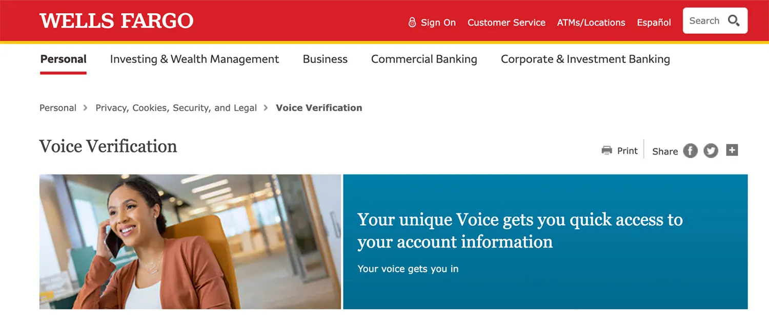Wells Fargo site page offering voice verification