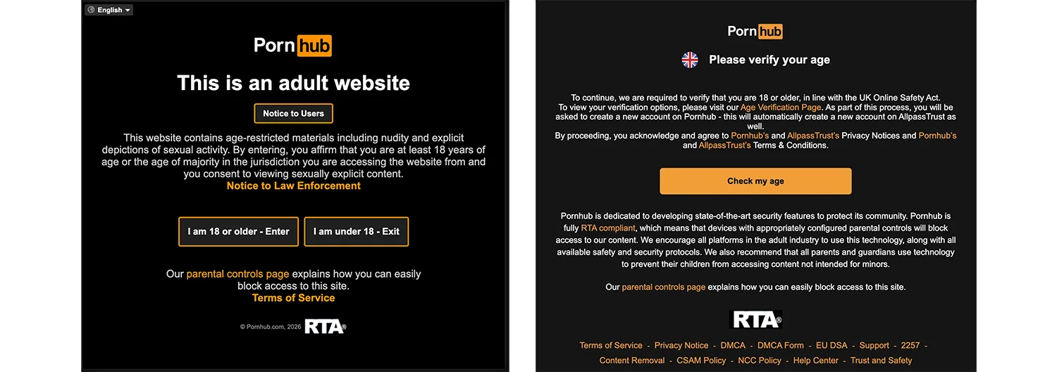 age verification for adult content at Pornhub, depending on a user’s location