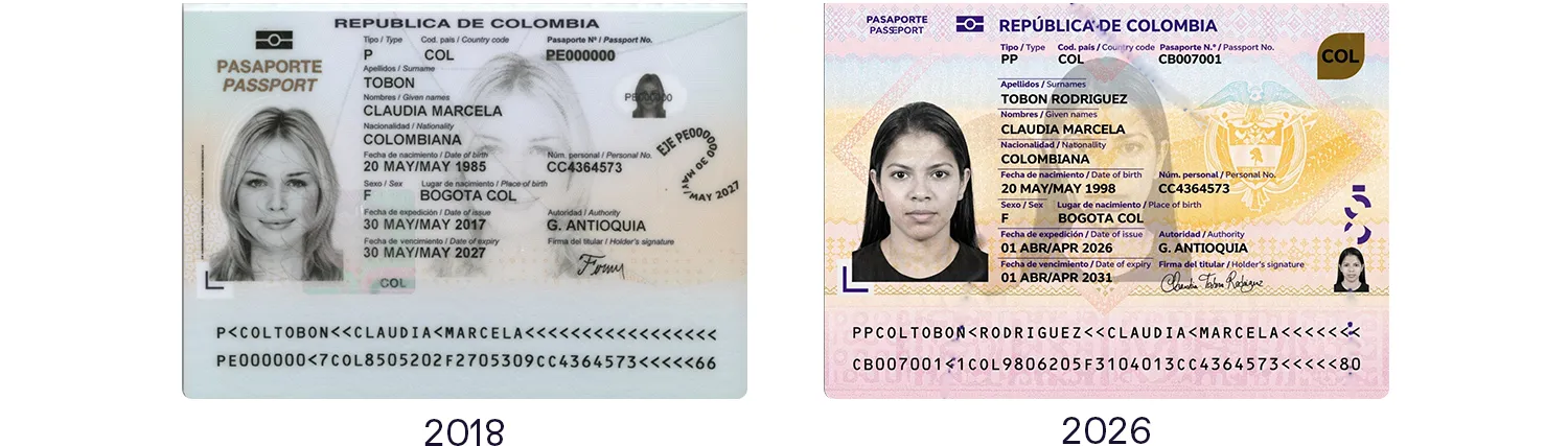 Old and new Colombian passport data pages, 2018 and 2026 series