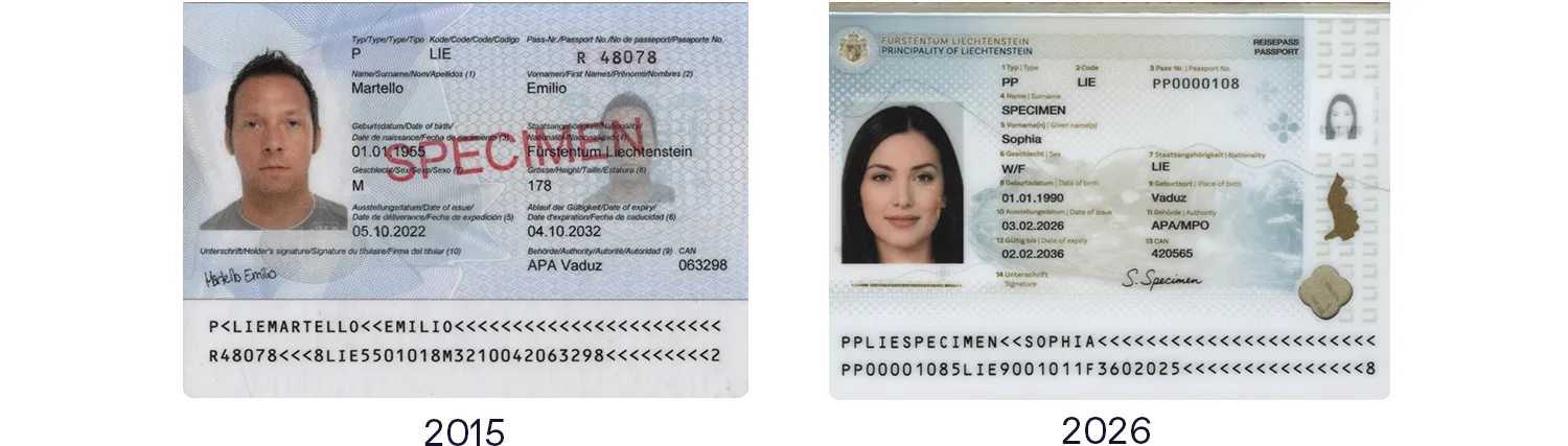 Old and new Liechtenstein passport data pages, 2016 and 2026 series